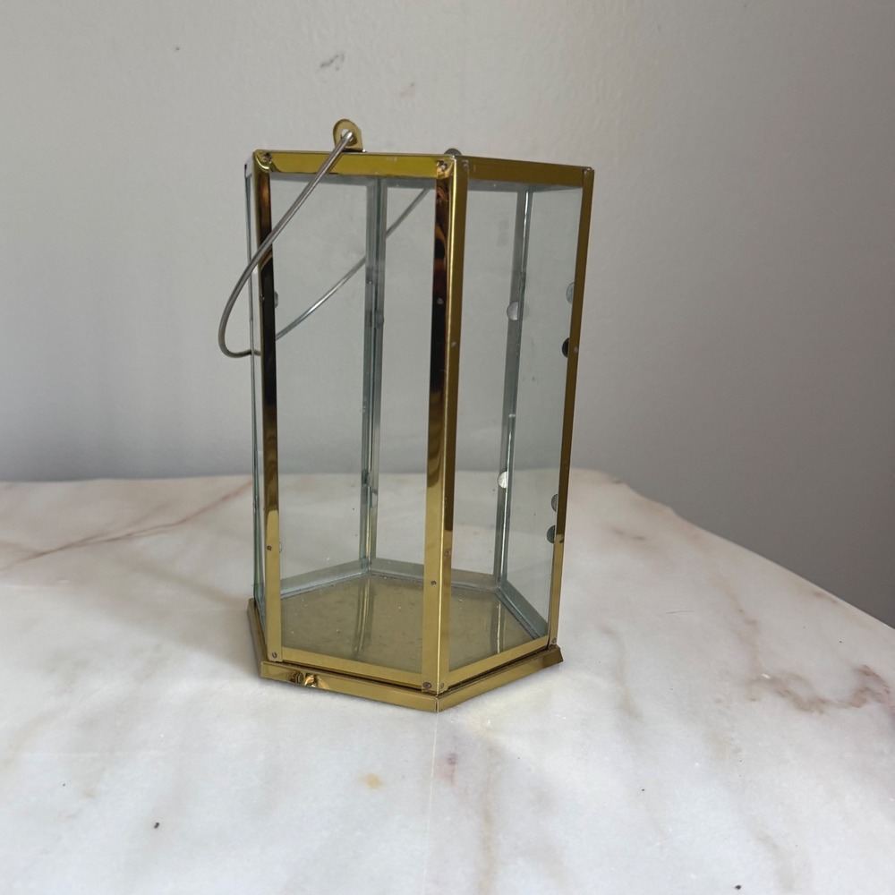 Gold‎ Hexagon Glass Lantern Candle Holder Hanging Decorative Centerpiece 8.5in